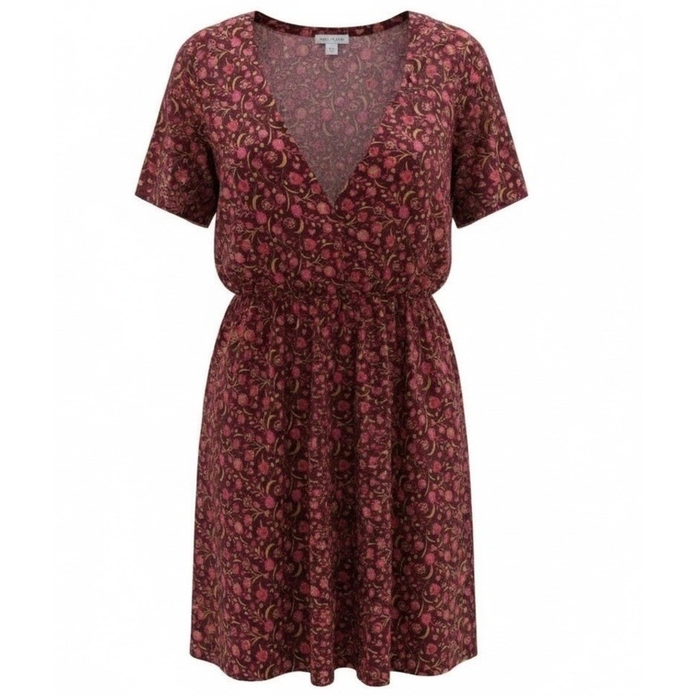 Old Navy Floral Mini Dress Women S Burgundy V-Neck Short Sleeve Pockets Cottage